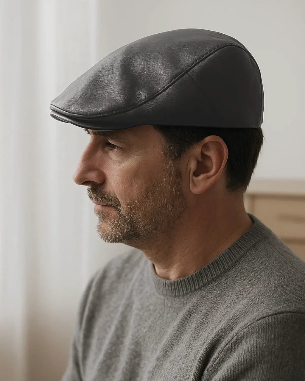 Perfil lateral de homem com boina inglesa de couro cinza, com fundo neutro elegante.

