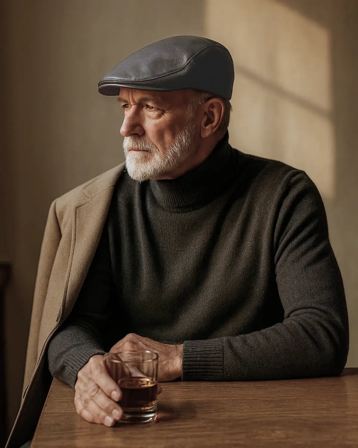Senhor com boina inglesa cinza em ambiente sofisticado com iluminação natural suave.


