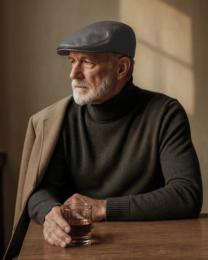 Senhor com boina inglesa cinza em ambiente sofisticado com iluminação natural suave.

