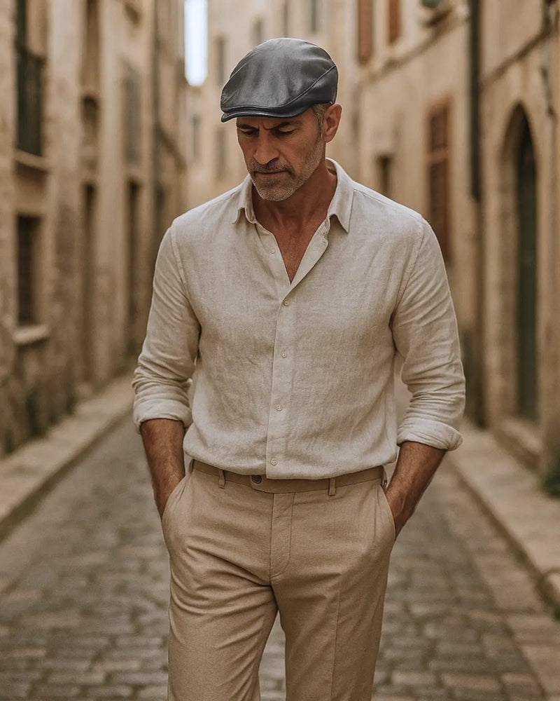 Homem elegante usando boina inglesa de couro cinza em rua de arquitetura clássica europeia.

