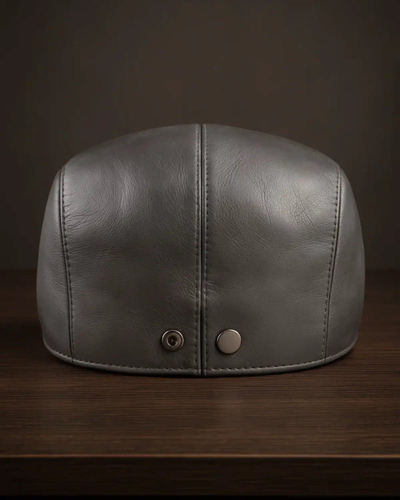 Parte traseira da boina masculina inglesa cinza sobre mesa de madeira, destacando acabamento.

