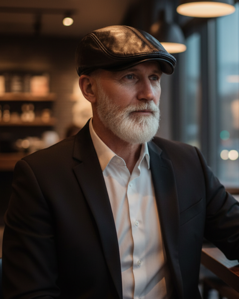 Homem maduro usando boina masculina inglesa de couro preto Dorian Black, camisa social e blazer, estilo casual elegante em cafeteria moderna