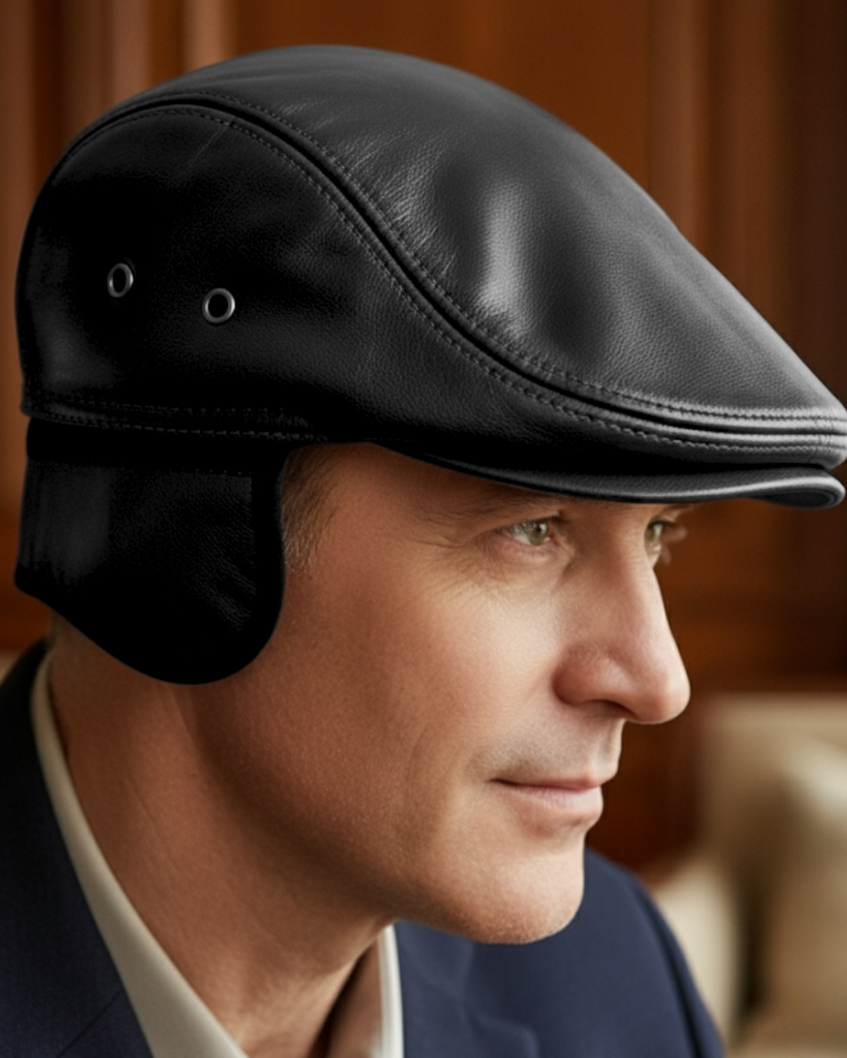 Close lateral da boina inglesa de couro masculina preta Dorian Black em uso, destacando textura e acabamento premium para moda masculina