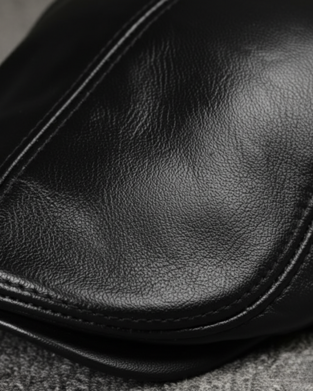 Detalhe da textura do couro legítimo preto, costura reforçada e acabamento premium da boina masculina inglesa Dorian Black