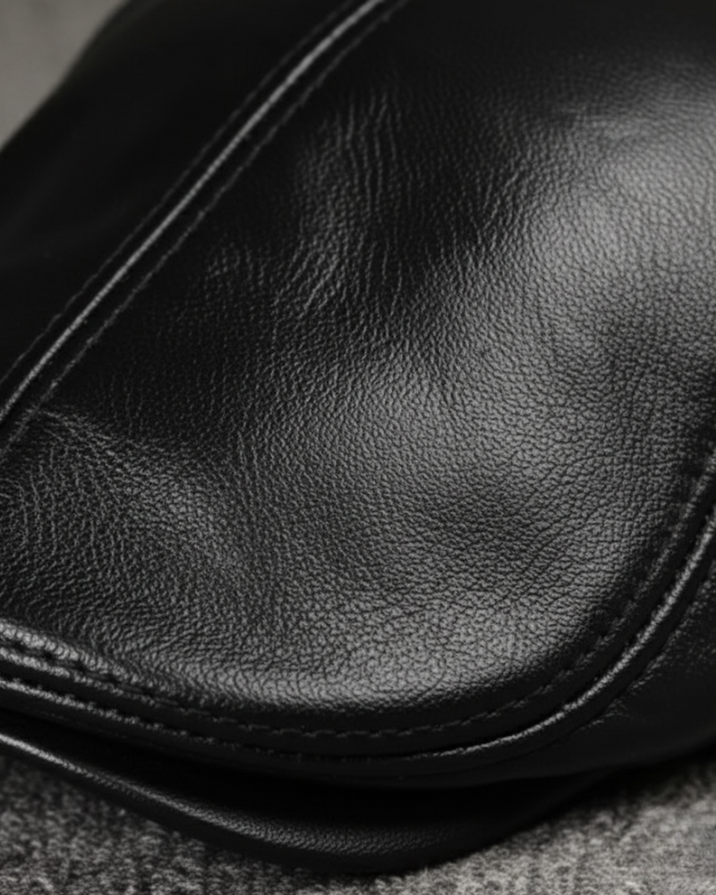 Detalhe da textura do couro legítimo preto, costura reforçada e acabamento premium da boina masculina inglesa Dorian Black