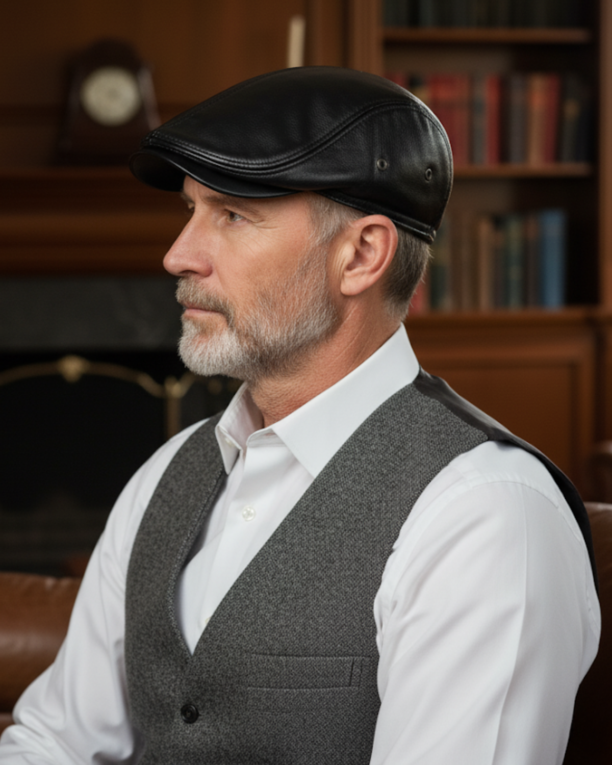 Perfil lateral de homem maduro com boina masculina inglesa de couro preto, look refinado com colete cinza em sala de biblioteca clássica