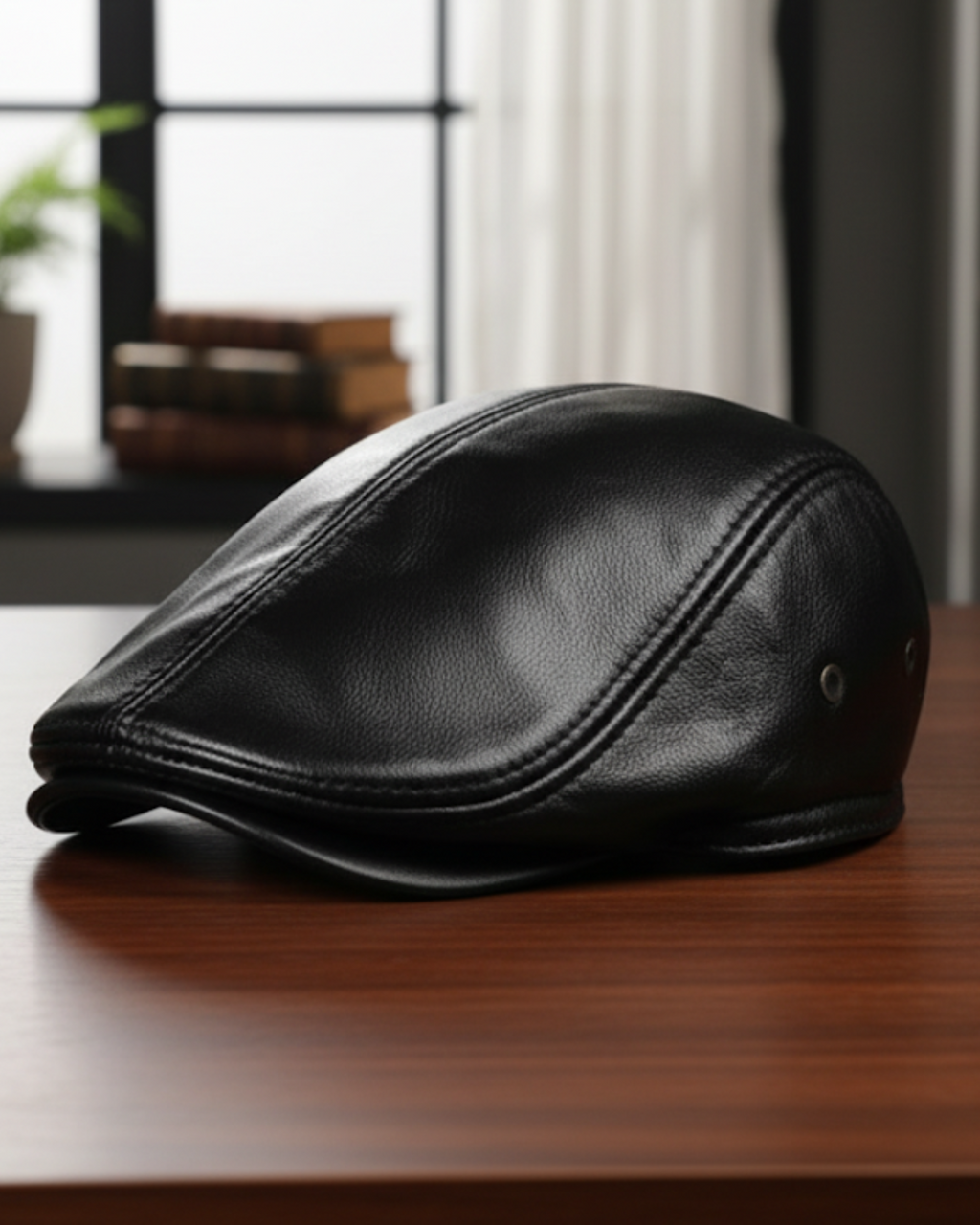 Boina inglesa masculina de couro legítimo preta Dorian Black, sobre mesa de madeira, ambiente interno sofisticado e luz natural