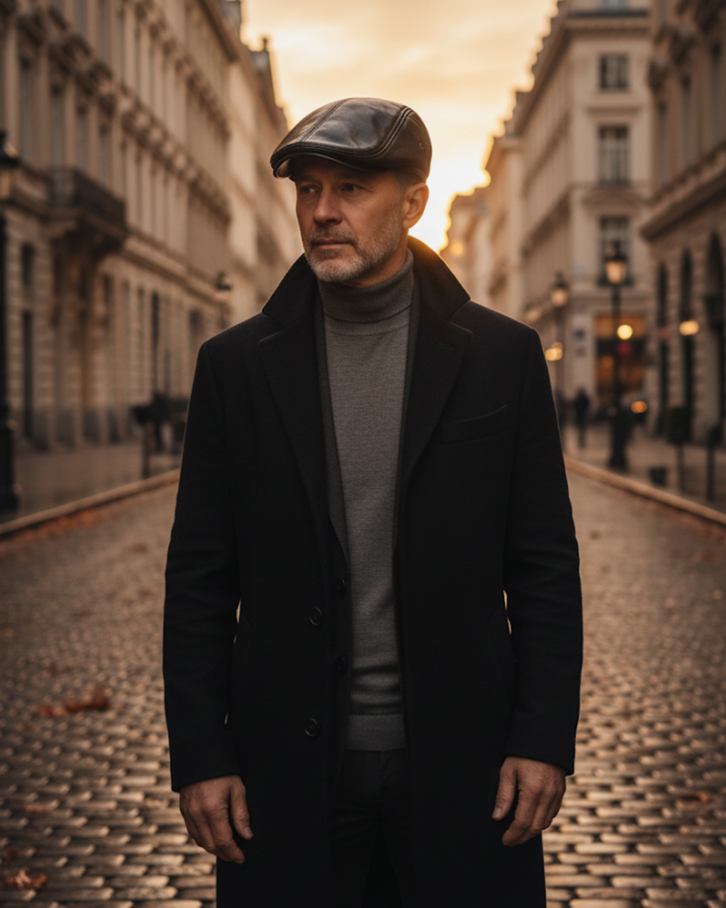 Homem maduro elegante usando boina masculina inglesa de couro preta Dorian Black, estilo sofisticado em rua europeia ao entardecer