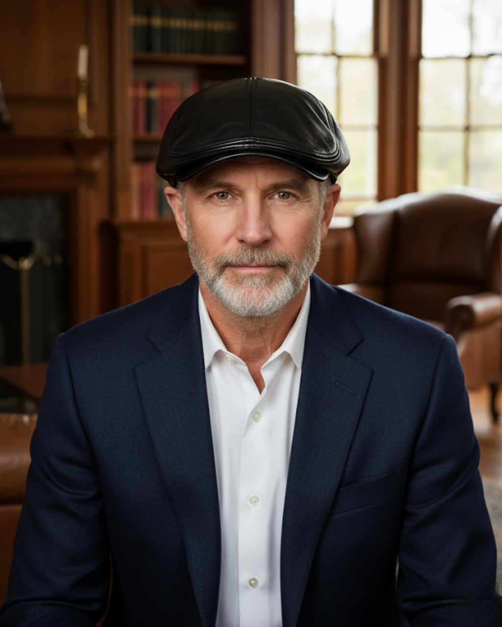 Imagem frontal de homem maduro com boina inglesa de couro preta Dorian Black em ambiente sofisticado, vestindo blazer azul marinho e camisa branca