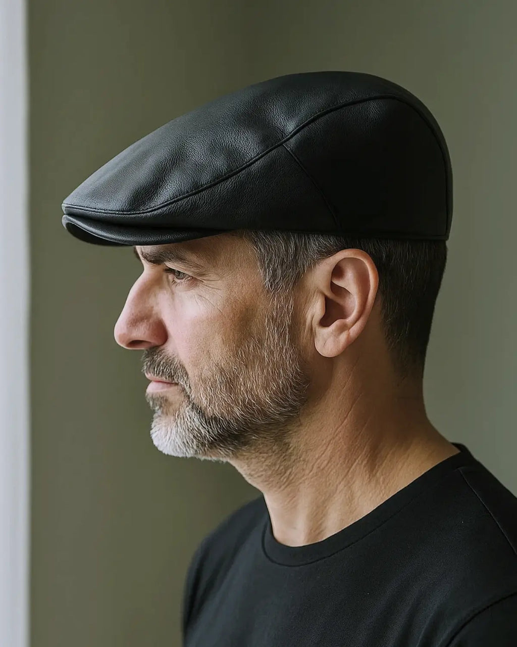 Perfil de homem usando boina inglesa de couro preta, luz natural, estilo minimalista