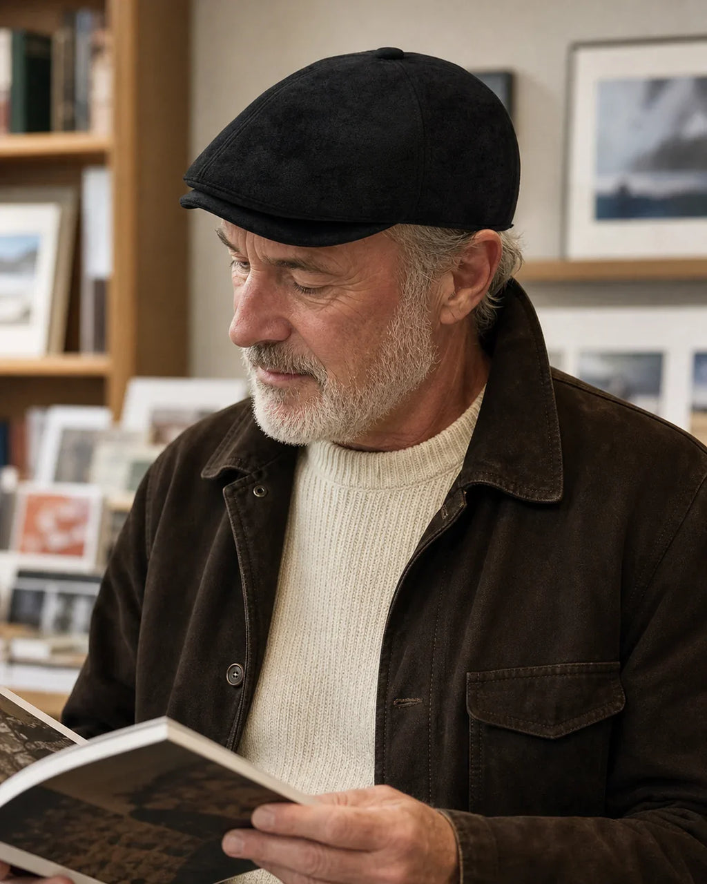 Boina Masculina Inglesa Couro Vegan Black em ambiente cultural com livro e estilo clássico