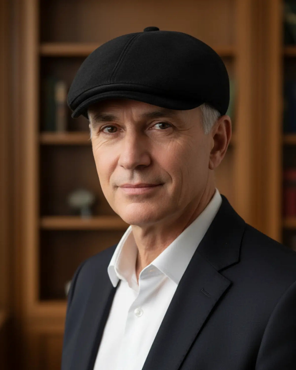 Homem elegante usando boina inglesa preta de couro vegano, blazer escuro, camisa clara, perfil sofisticado com fundo de biblioteca