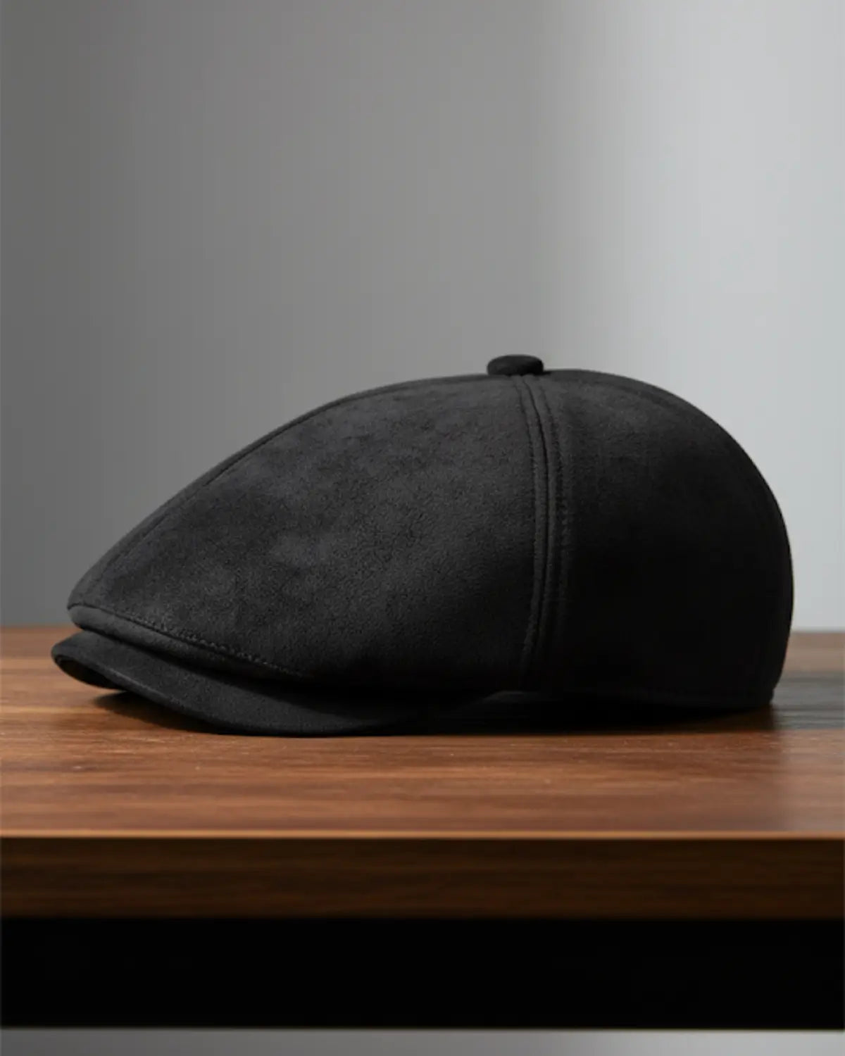 Boina masculina inglesa em couro vegano preto sobre mesa de madeira, acessório clássico sofisticado para homens de estilo atemporal