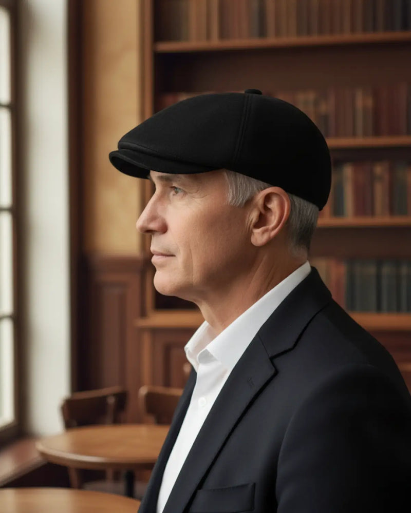 Homem com boina inglesa preta de couro vegano, vista lateral, estilo clássico masculino, fundo de biblioteca premium