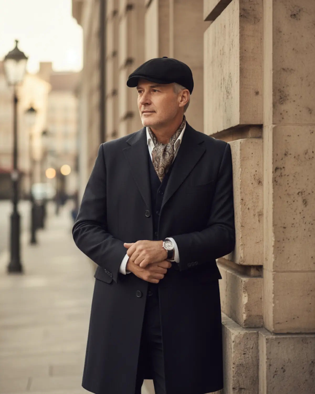 Homem maduro com boina inglesa preta em couro vegano, sobretudo escuro, encostado em parede de arquitetura clássica urbana