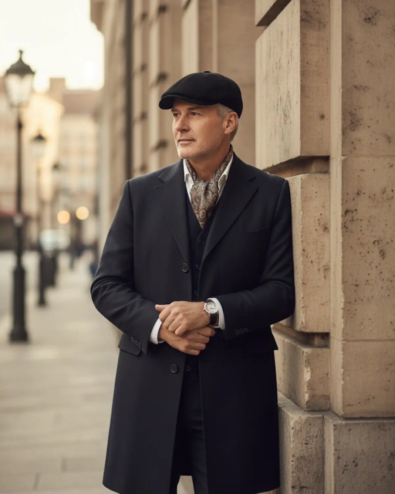 Homem maduro com boina inglesa preta em couro vegano, sobretudo escuro, encostado em parede de arquitetura clássica urbana