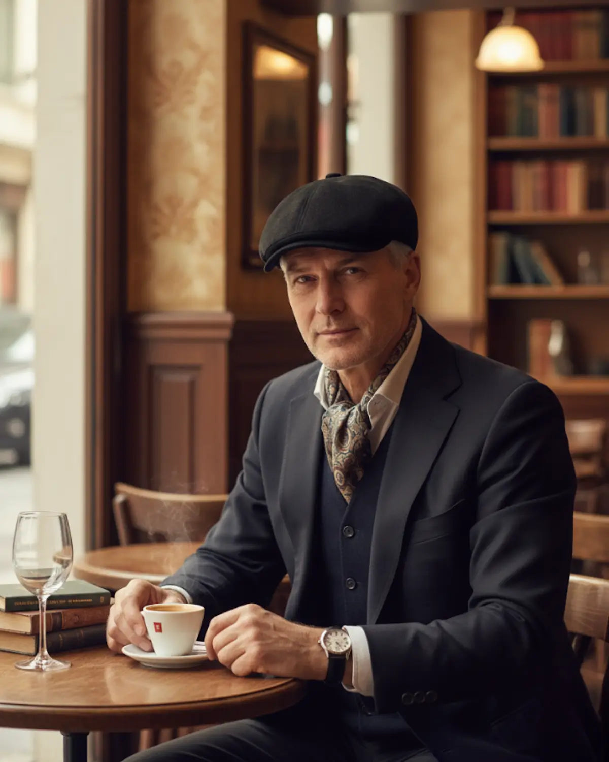 Homem maduro de boina inglesa preta em couro vegano, traje formal, sentado em café europeu elegante, expressão segura e autêntica