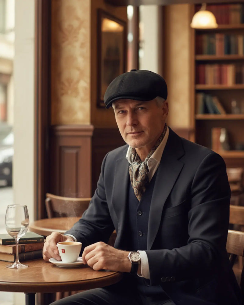 Homem maduro de boina inglesa preta em couro vegano, traje formal, sentado em café europeu elegante, expressão segura e autêntica