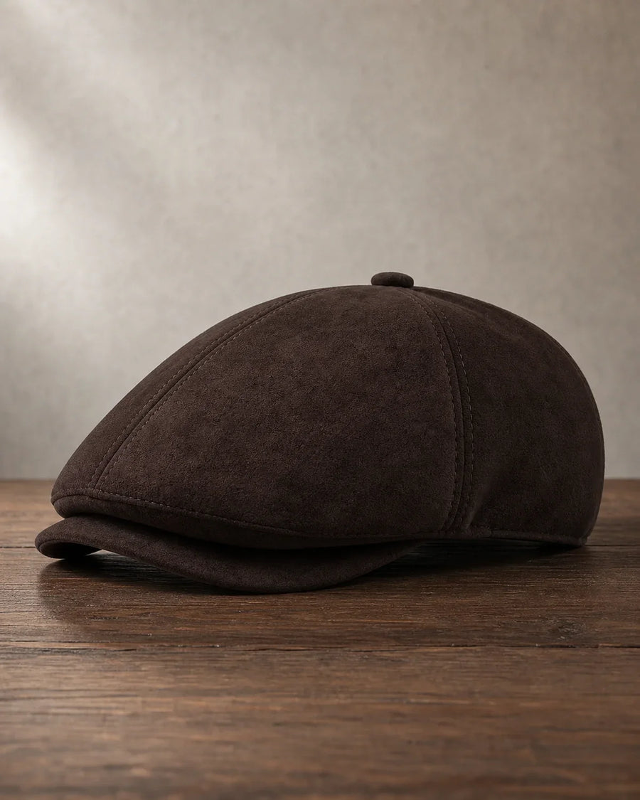 Boina Masculina Inglesa Couro Vegan Brown sobre mesa de madeira escura Cappel
