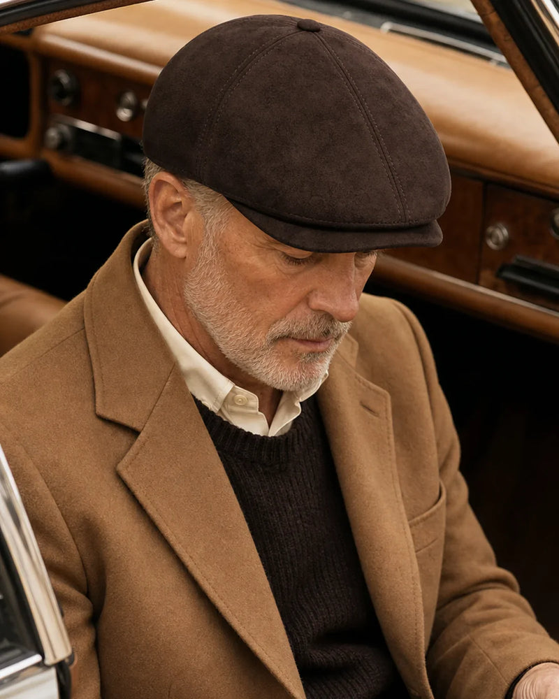 Boina Masculina Inglesa Couro Vegan Brown em lifestyle masculino com carro clássico