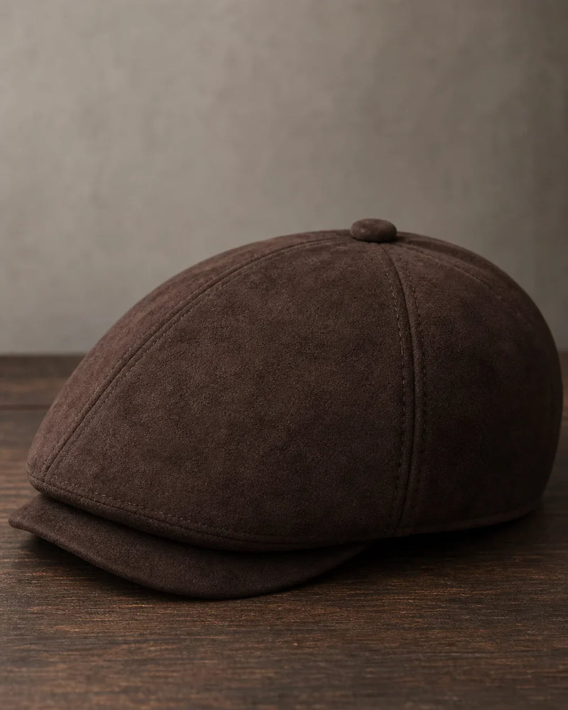 Detalhe da textura aveludada e costura da Boina Masculina Inglesa Couro Vegan Brown