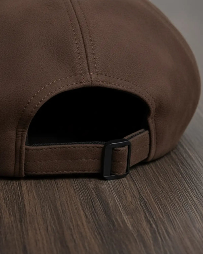 Detalhe do ajuste traseiro e costura da boina masculina inglesa em couro vegano marrom sobre mesa de madeira, acessório premium de estilo clássico