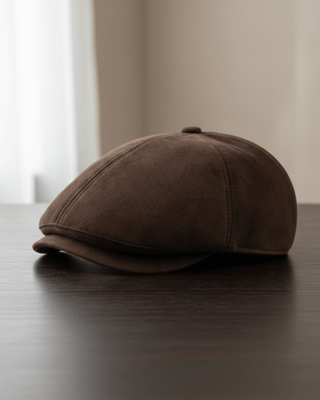 Boina masculina inglesa em couro vegano marrom vista lateral sobre mesa de madeira escura, iluminação natural e destaque para textura premium