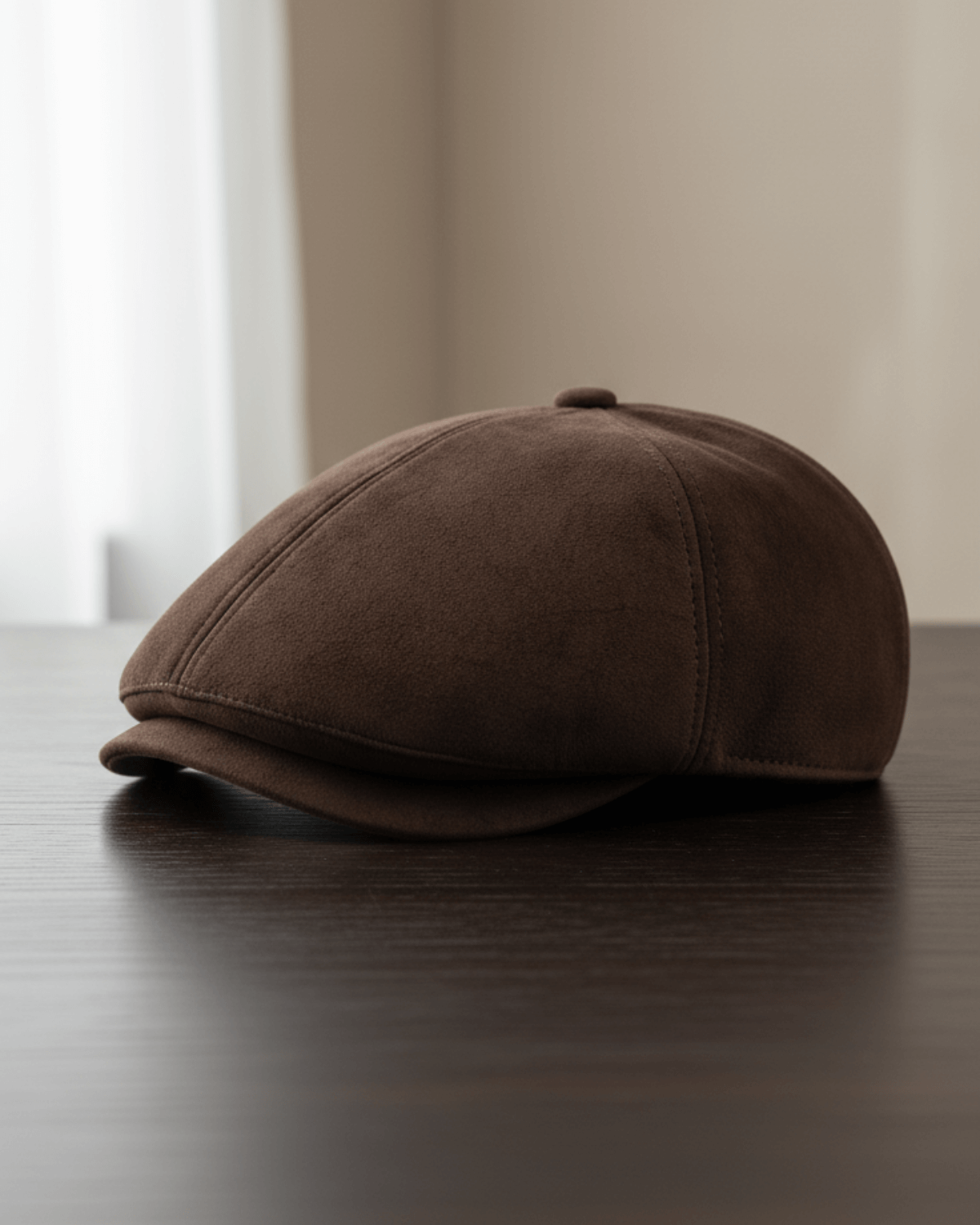 Boina masculina inglesa em couro vegano marrom vista lateral sobre mesa de madeira escura, iluminação natural e destaque para textura premium