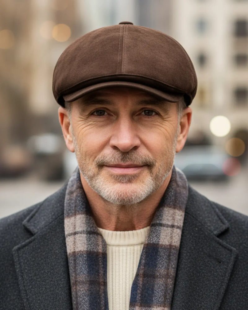 Homem maduro usando boina inglesa marrom de couro vegano, visual casual sofisticado com sobretudo e cachecol, em ambiente urbano