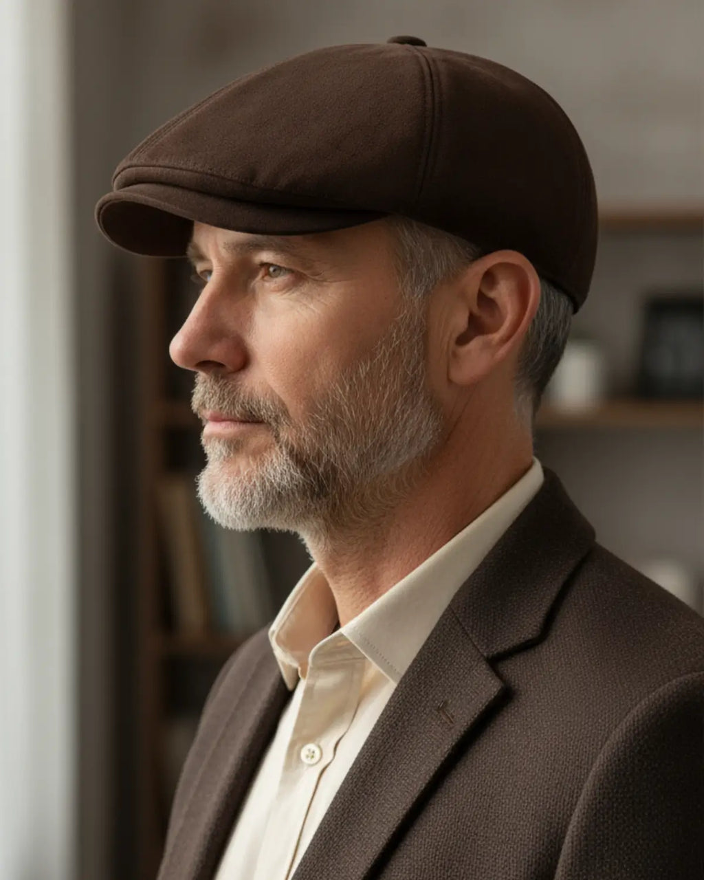 Homem elegante com boina inglesa marrom de couro vegano, blazer marrom e camisa clara, estilo clássico masculino premium