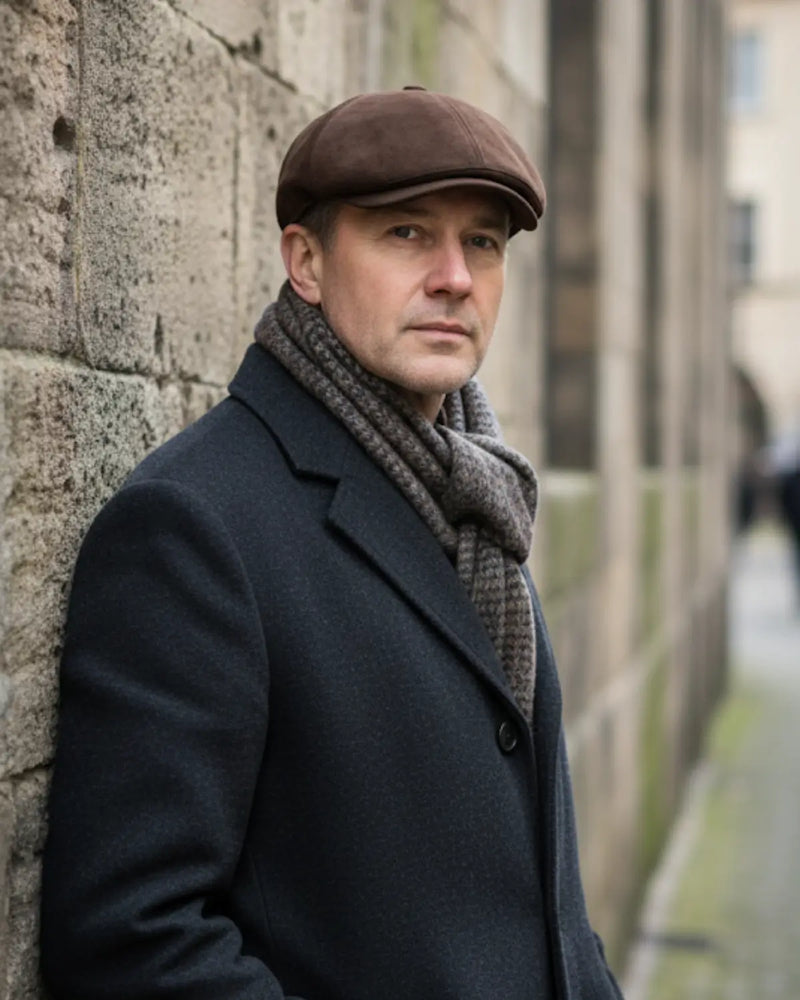 Homem de sobretudo azul escuro, cachecol e boina inglesa marrom de couro vegano, encostado em parede histórica, elegância clássica para o inverno