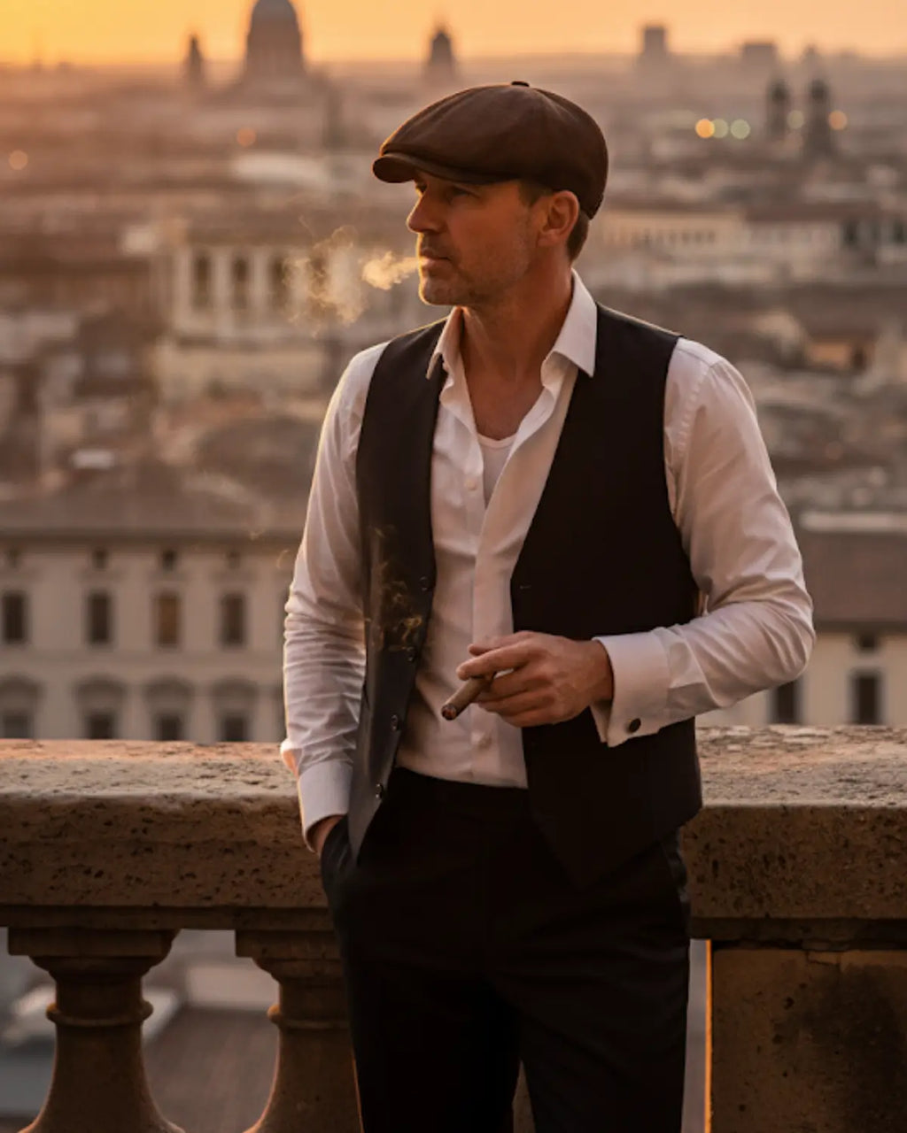 Homem sofisticado com boina inglesa marrom de couro vegano, colete e camisa branca, fumando charuto ao pôr do sol em cenário europeu clássico