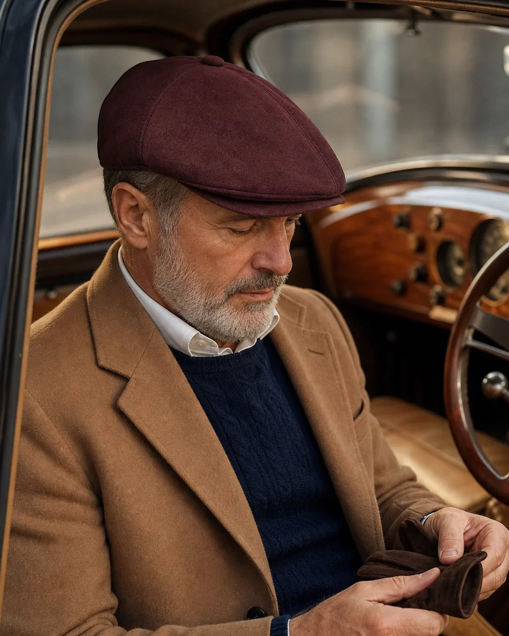 Boina Masculina Inglesa Couro Vegan Burgundy em lifestyle com carro clássico