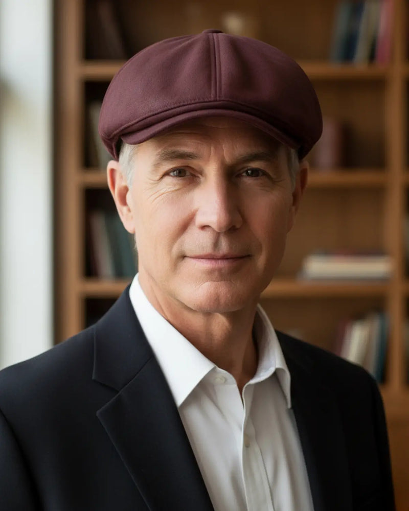 Retrato frontal de homem usando boina masculina inglesa burgundy em couro vegano, expressão confiante, ambiente sofisticado com estante de livros