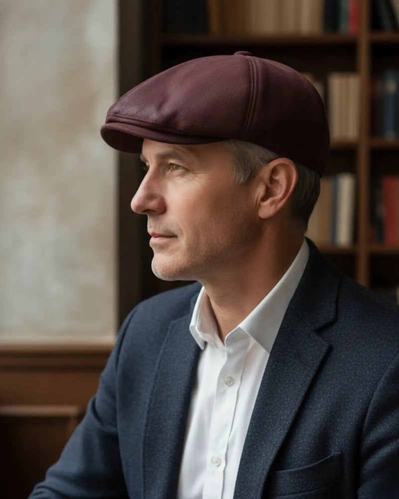 Vista lateral de homem elegante com boina inglesa burgundy em couro vegano, camisa branca e blazer escuro, biblioteca ao fundo, estilo clássico