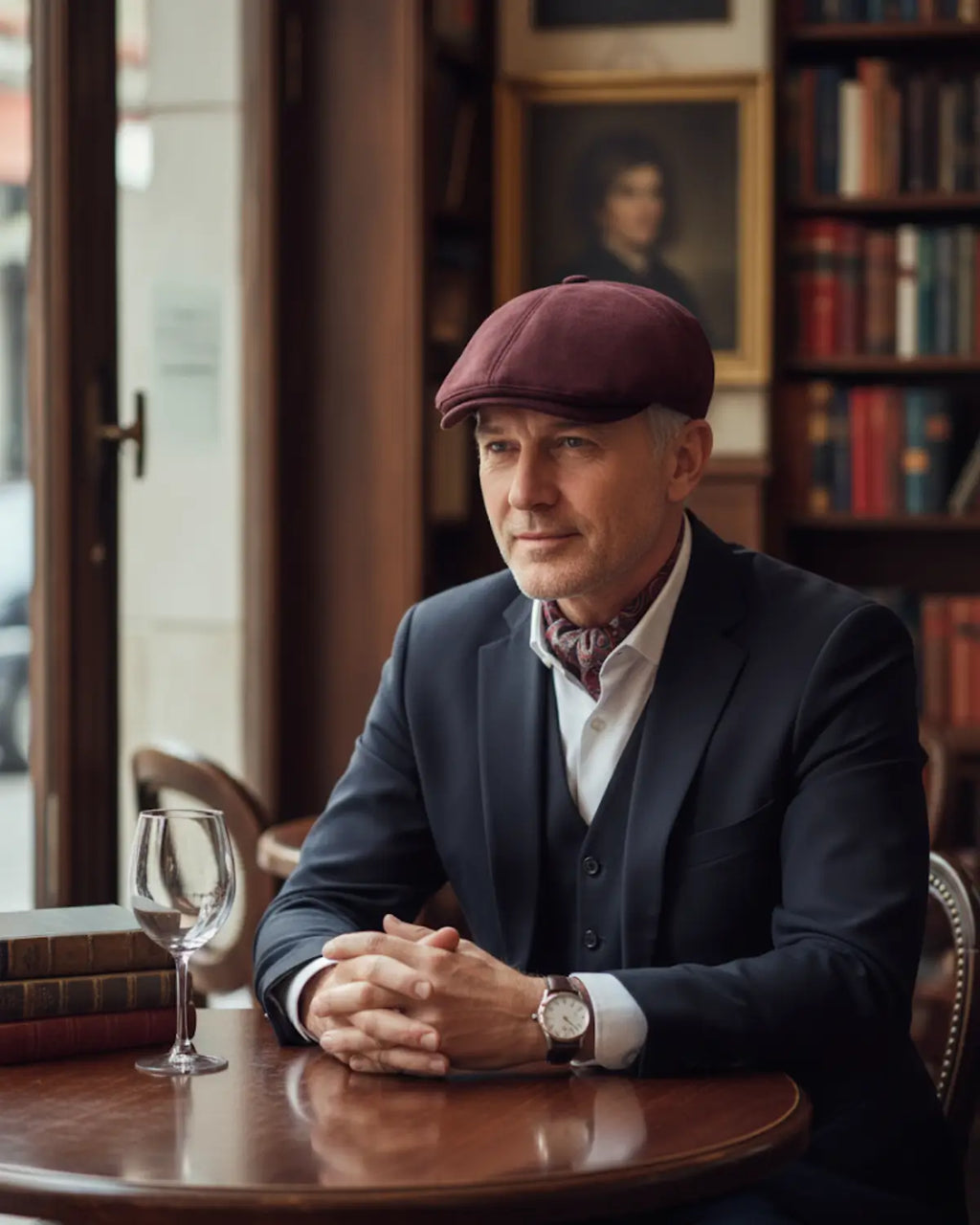 Homem maduro em café europeu, vestindo boina masculina inglesa burgundy de couro vegano, blazer clássico, estilo sofisticado e elegante