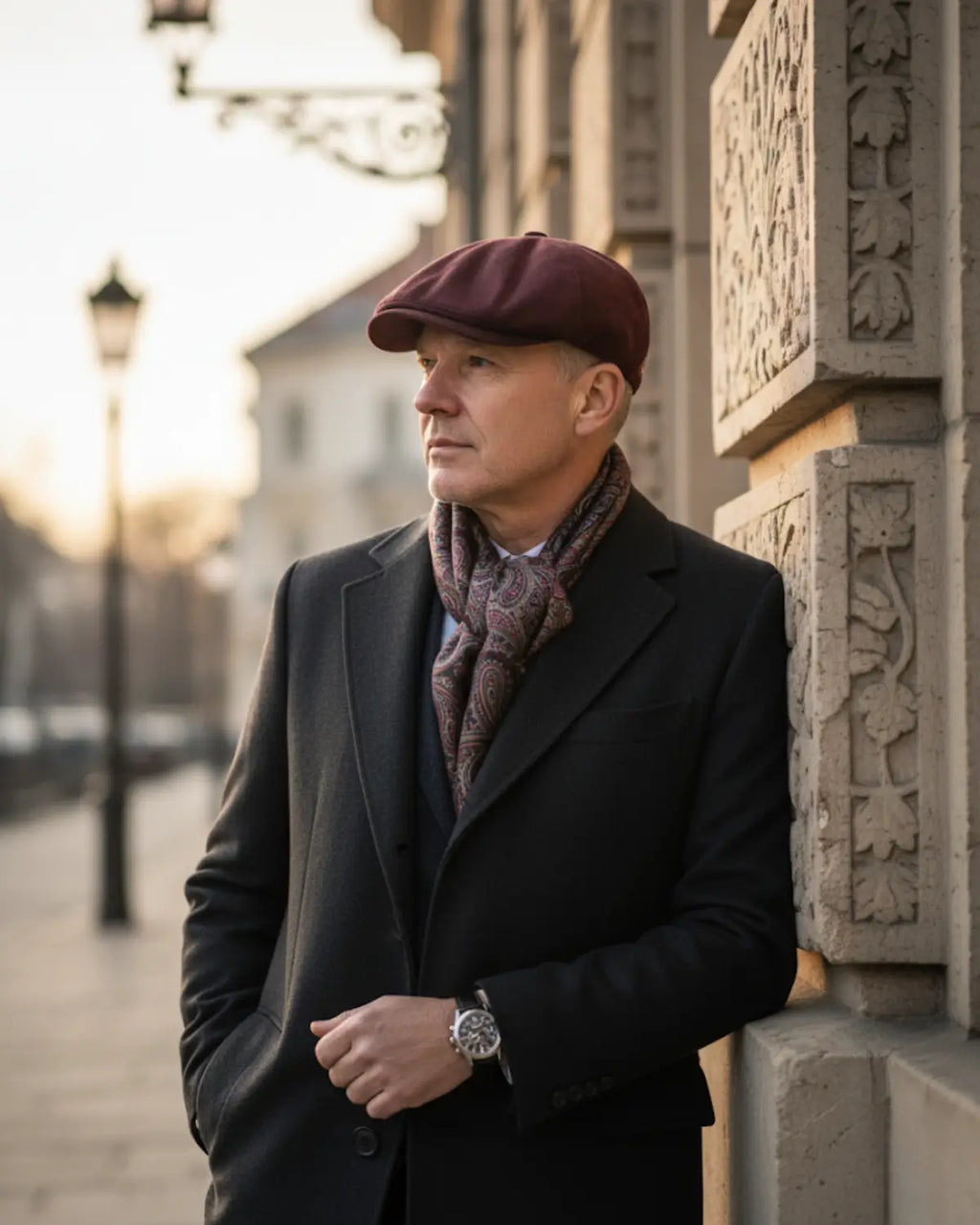 Homem com boina inglesa burgundy em couro vegano, sobretudo e cachecol, em arquitetura clássica urbana, visual premium e tradicional