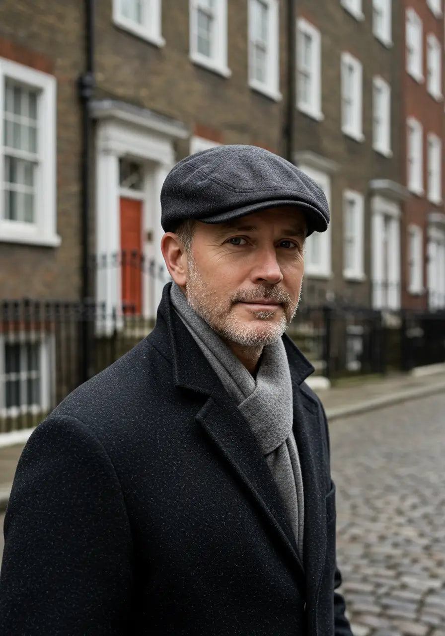 Homem maduro usando boina masculina inglesa dark grey com casaco de alfaiataria em rua inglesa tradicional