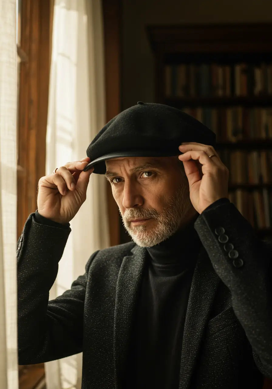 Homem maduro ajustando boina masculina inglesa flat cap preta, usando blazer preto em ambiente clássico com luz natural, fotografia editorial Cappel