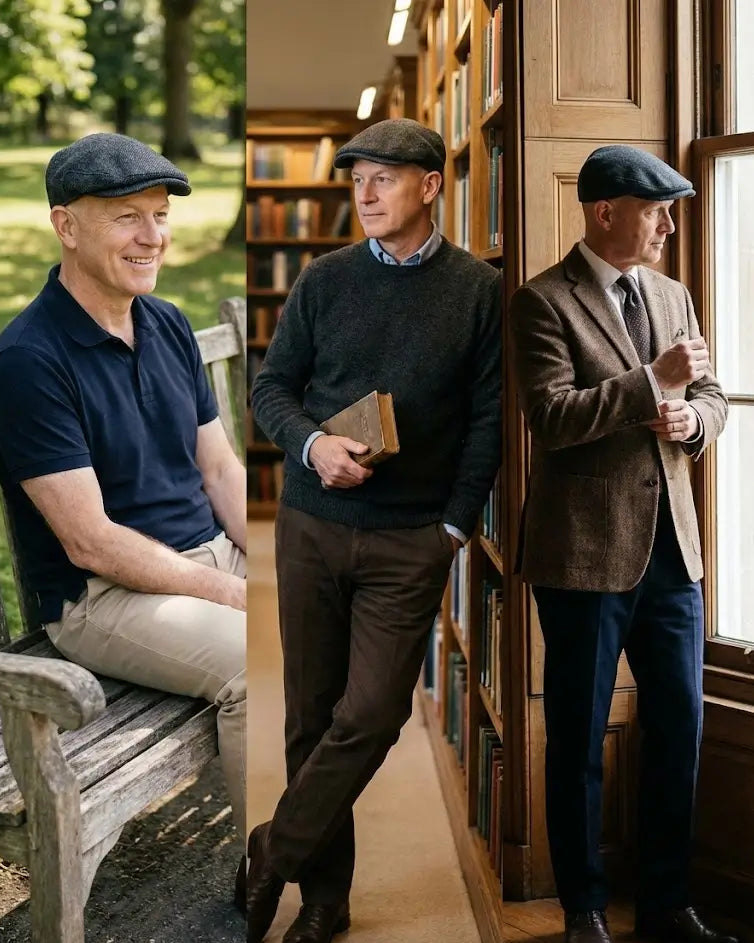 Homem maduro vestindo boina inglesa cinza Cappel em três estilos diferentes: casual com camiseta polo, esporte fino com suéter e formal com terno de tweed. Exemplo de versatilidade de boina masculina para o dia a dia e ocasiões elegantes.