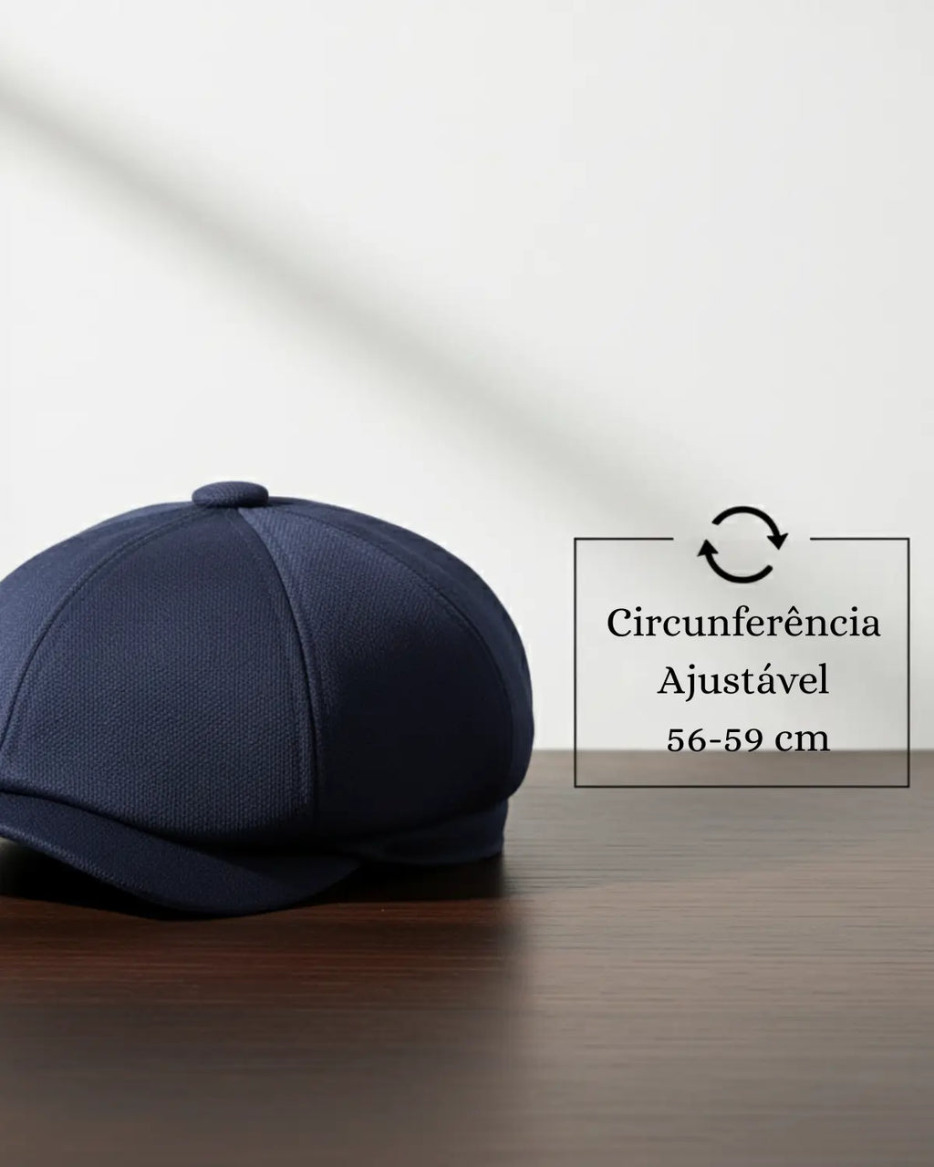 Boina masculina italiana azul marinho em mesa, destaque gráfico para circunferência ajustável