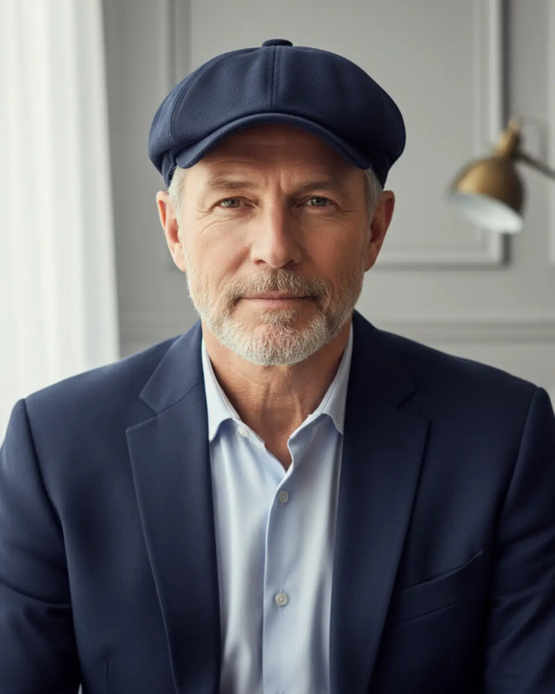 Boina masculina italiana azul, vista frontal em ambiente iluminado com traje clássico masculino