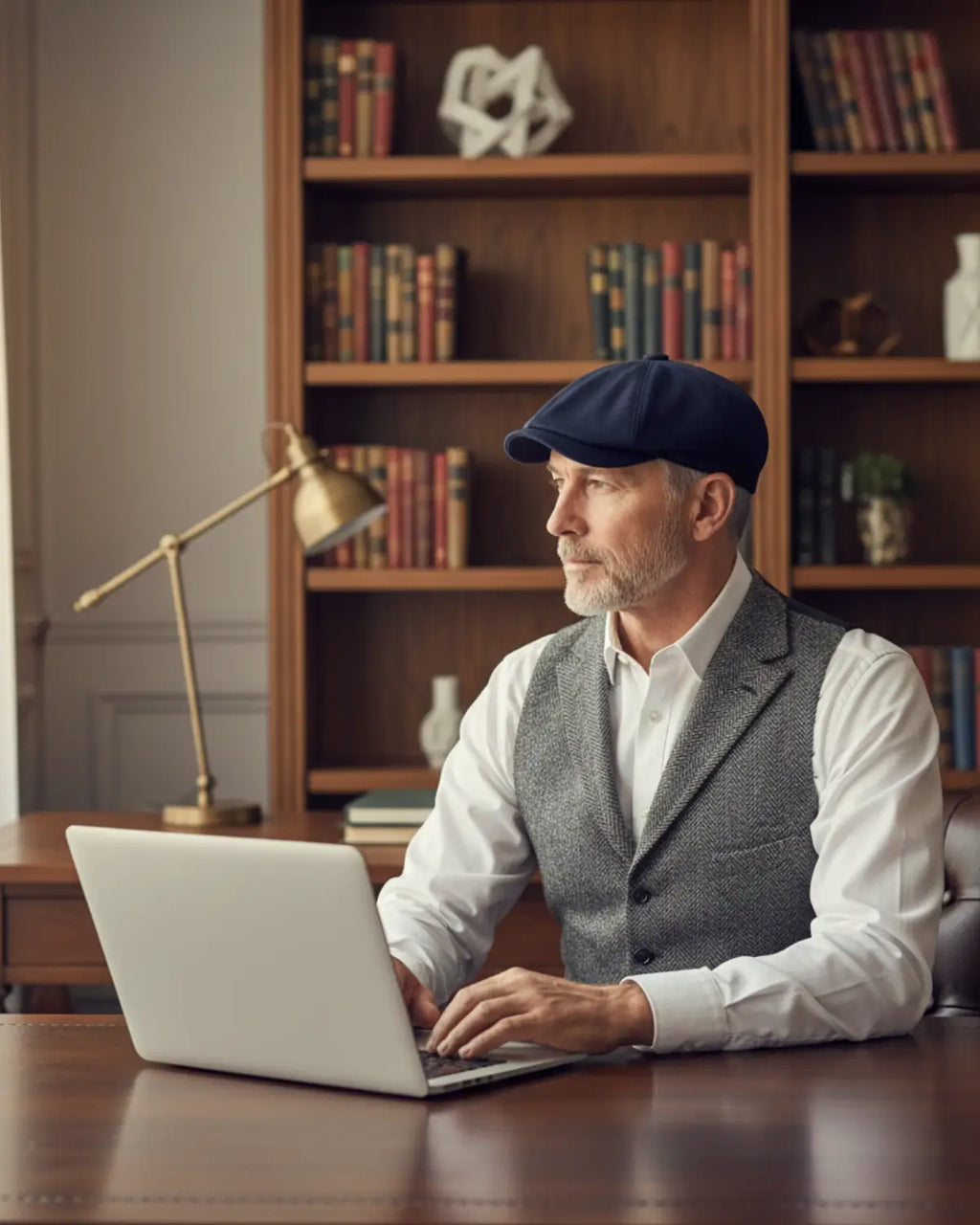 Boina masculina italiana azul marinho, homem digitando em notebook, ambiente de escritório clássico