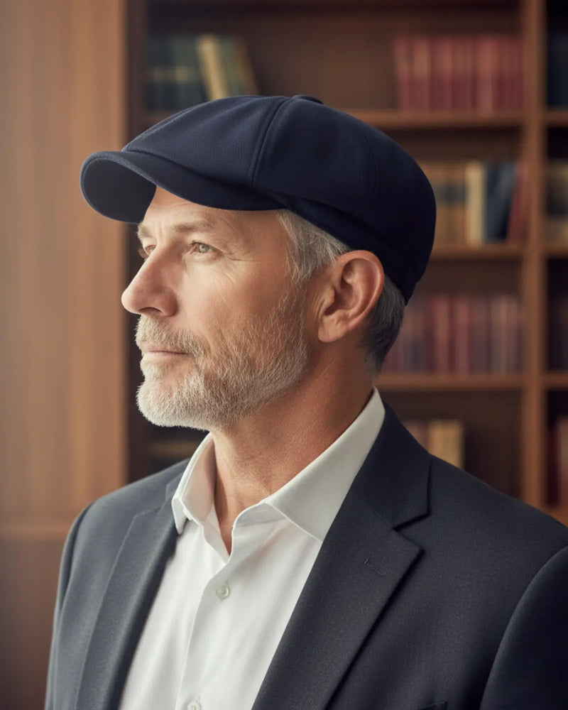 Boina masculina italiana azul, perfil lateral em traje social moderno dentro de biblioteca elegante