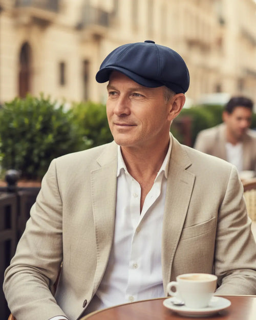 Boina masculina italiana azul, look estilo café ao ar livre, com alfaiataria clara e cenário urbano