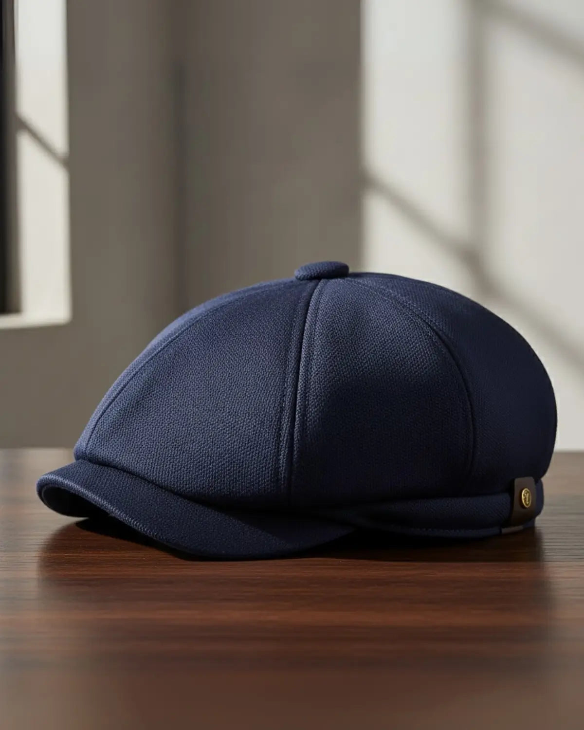 Boina masculina italiana azul marinho sobre mesa de madeira, iluminação natural, cenário interior