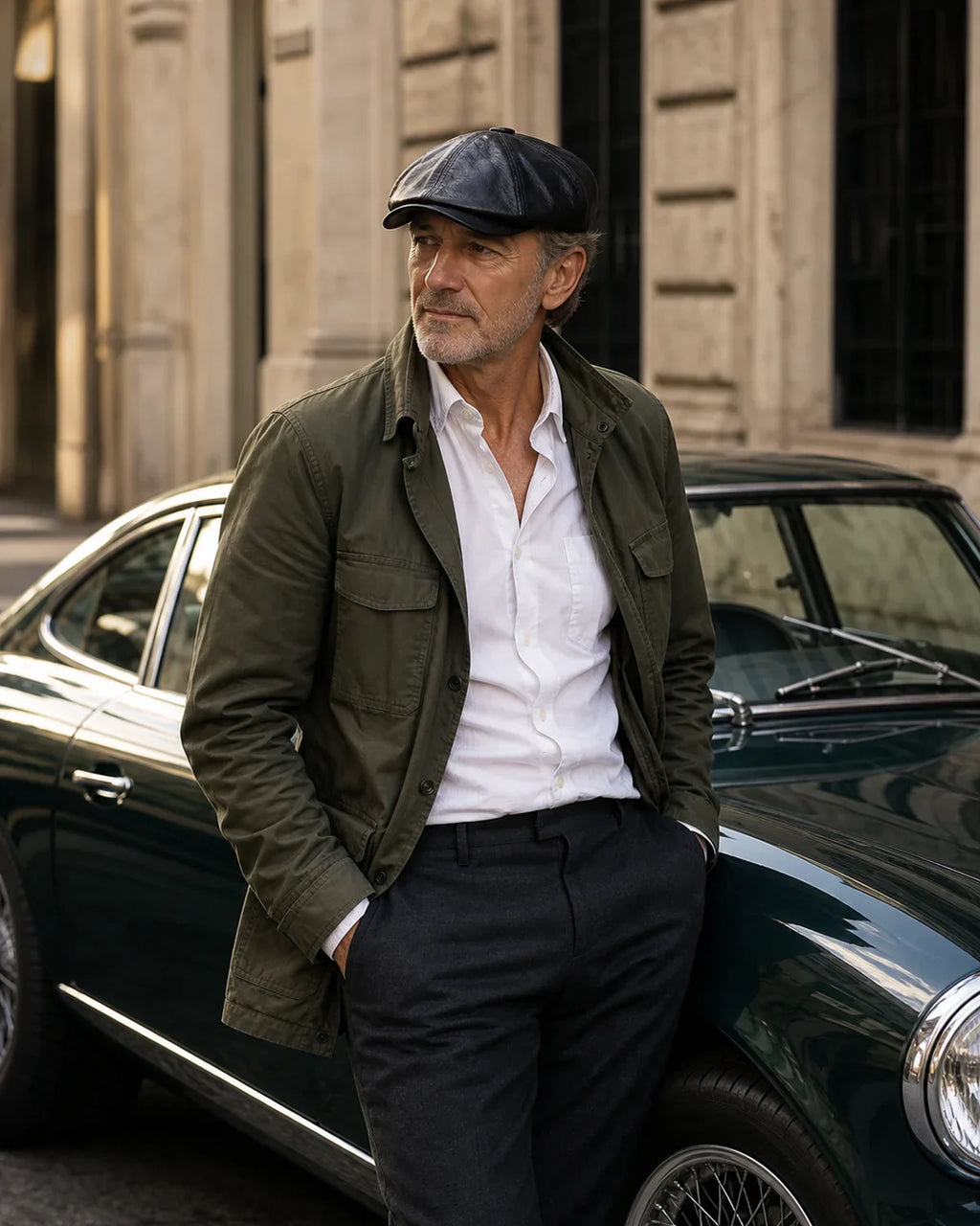Boina Masculina Italiana Couro Black Cappel em look masculino elegante com carro clássico
