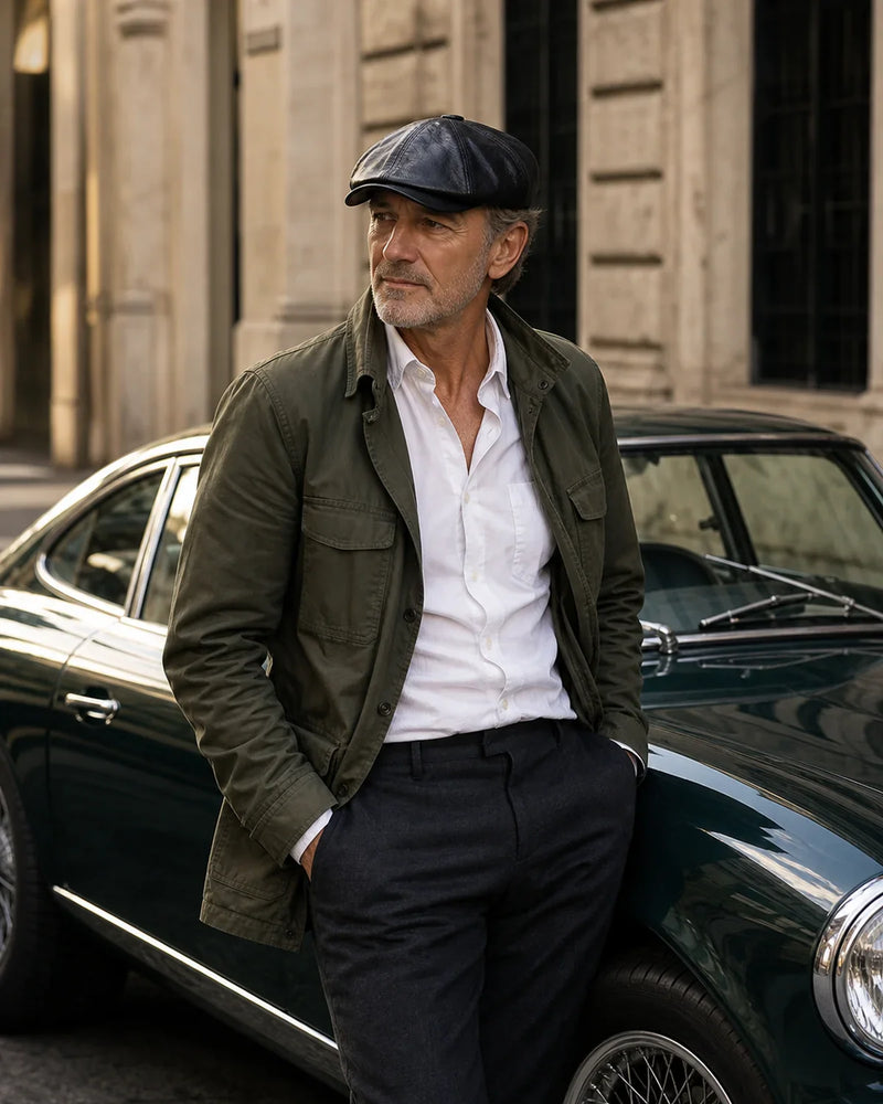 Boina Masculina Italiana Couro Black Cappel em look masculino elegante com carro clássico