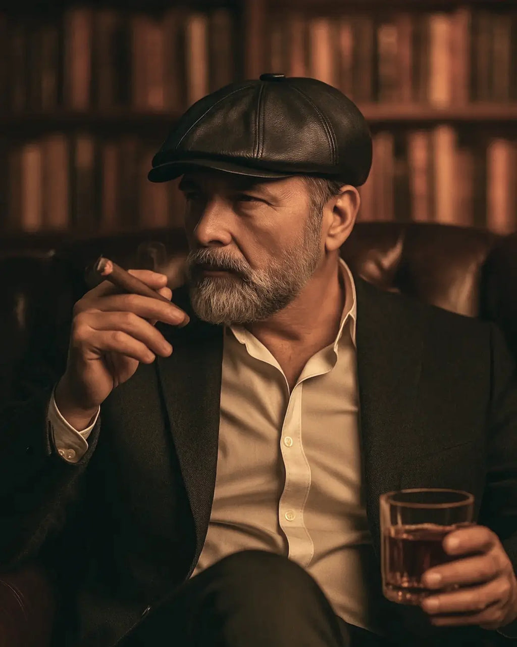 Homem maduro com Boina Italiana Couro Black, charuto na mão e taça de whisky, em ambiente sofisticado

