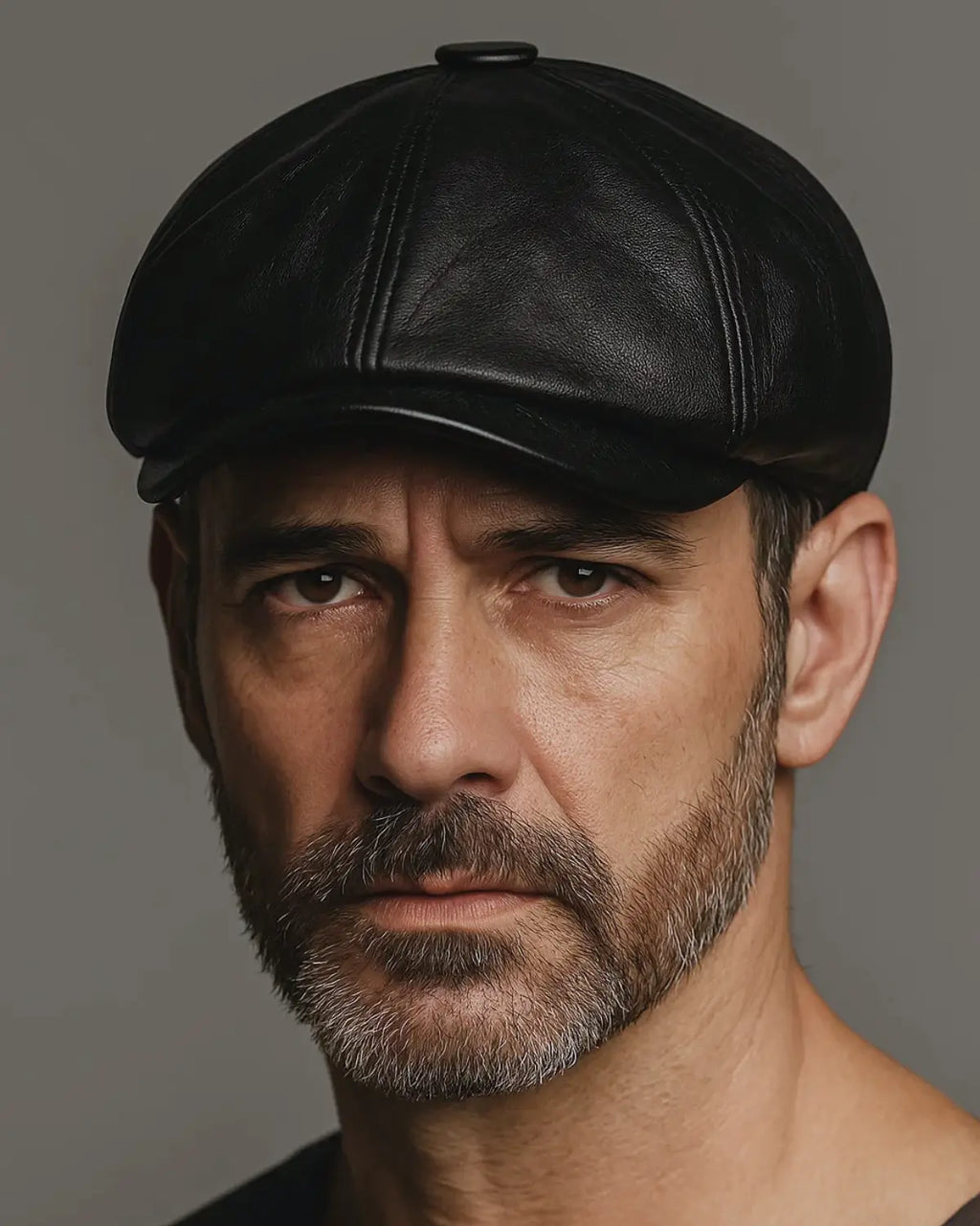 Close-up frontal da Boina Masculina Italiana Couro Black destacando textura do couro e costura

